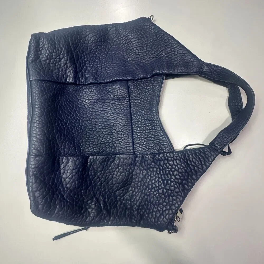 Vince Camuto Deep Indigo Pebbled Leather Hobo Shoulder Bag Silver Hardware Large